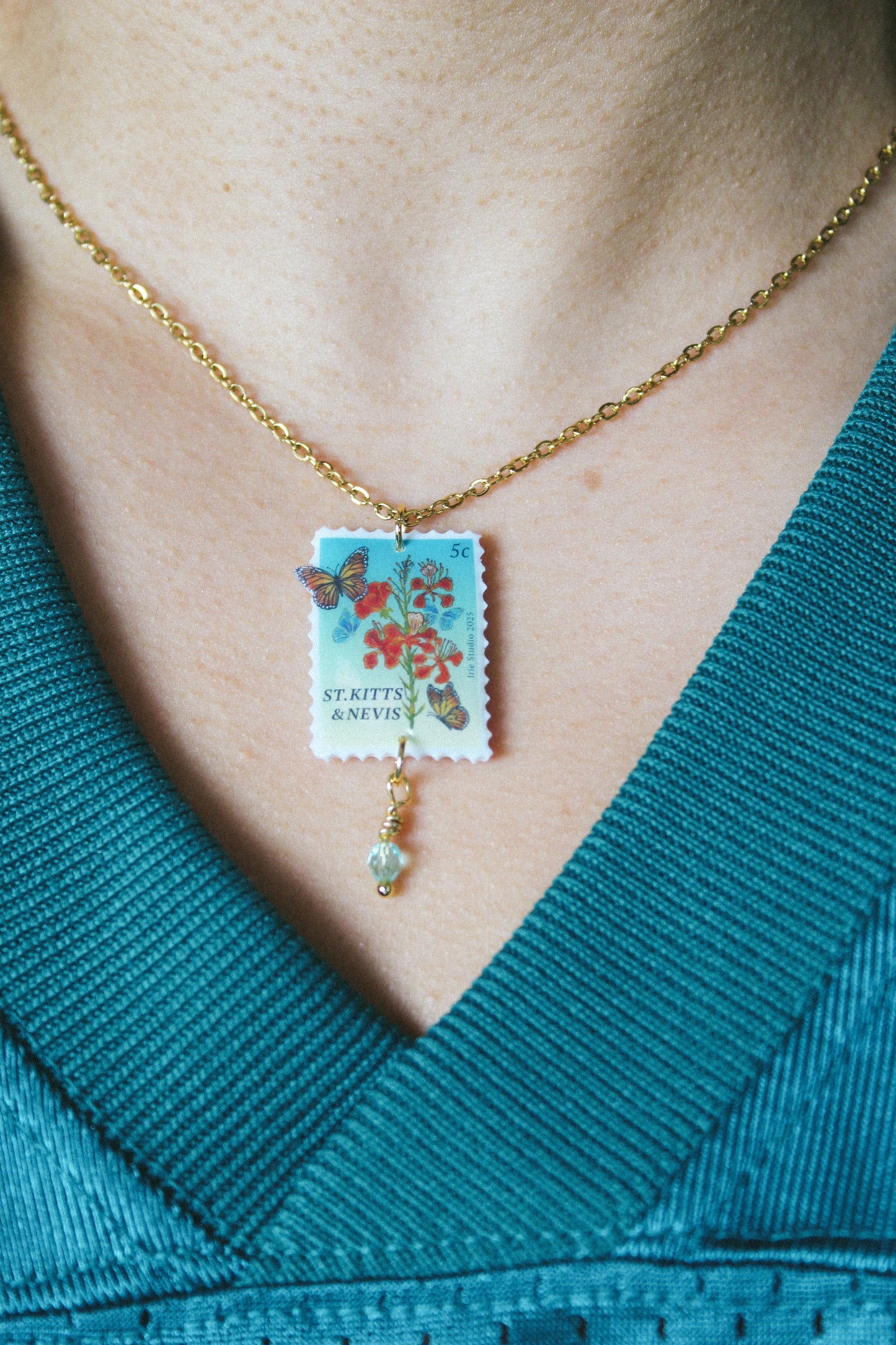 St Kitts & Nevis Butterfly Stamp Necklace