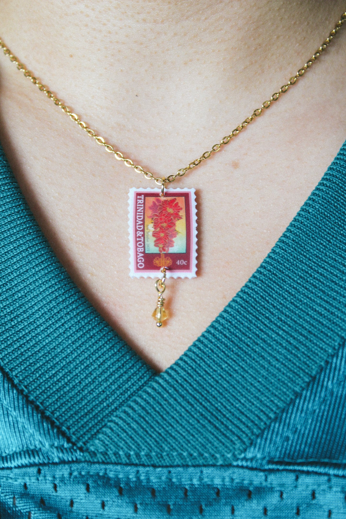 Trinidad & Tobago Flower Stamp Necklace
